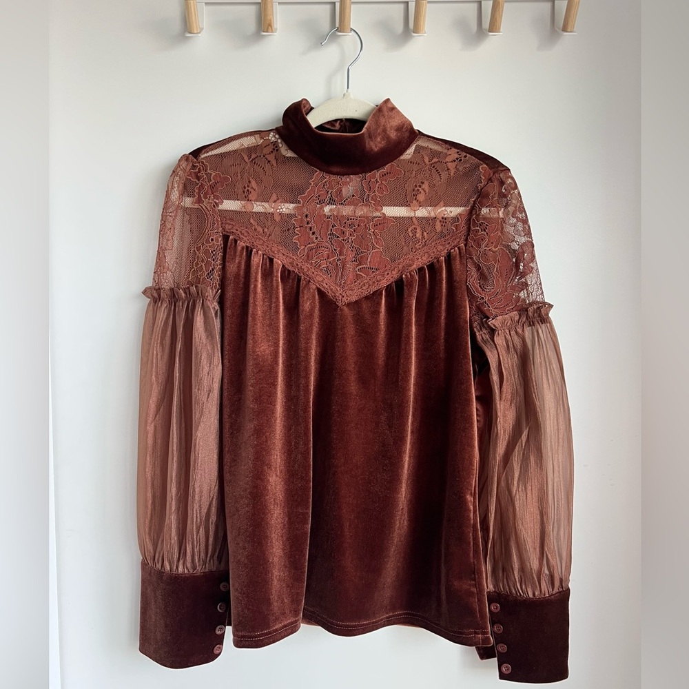 STYLEWE Rust Velvet Lace Mock Neck Blouse